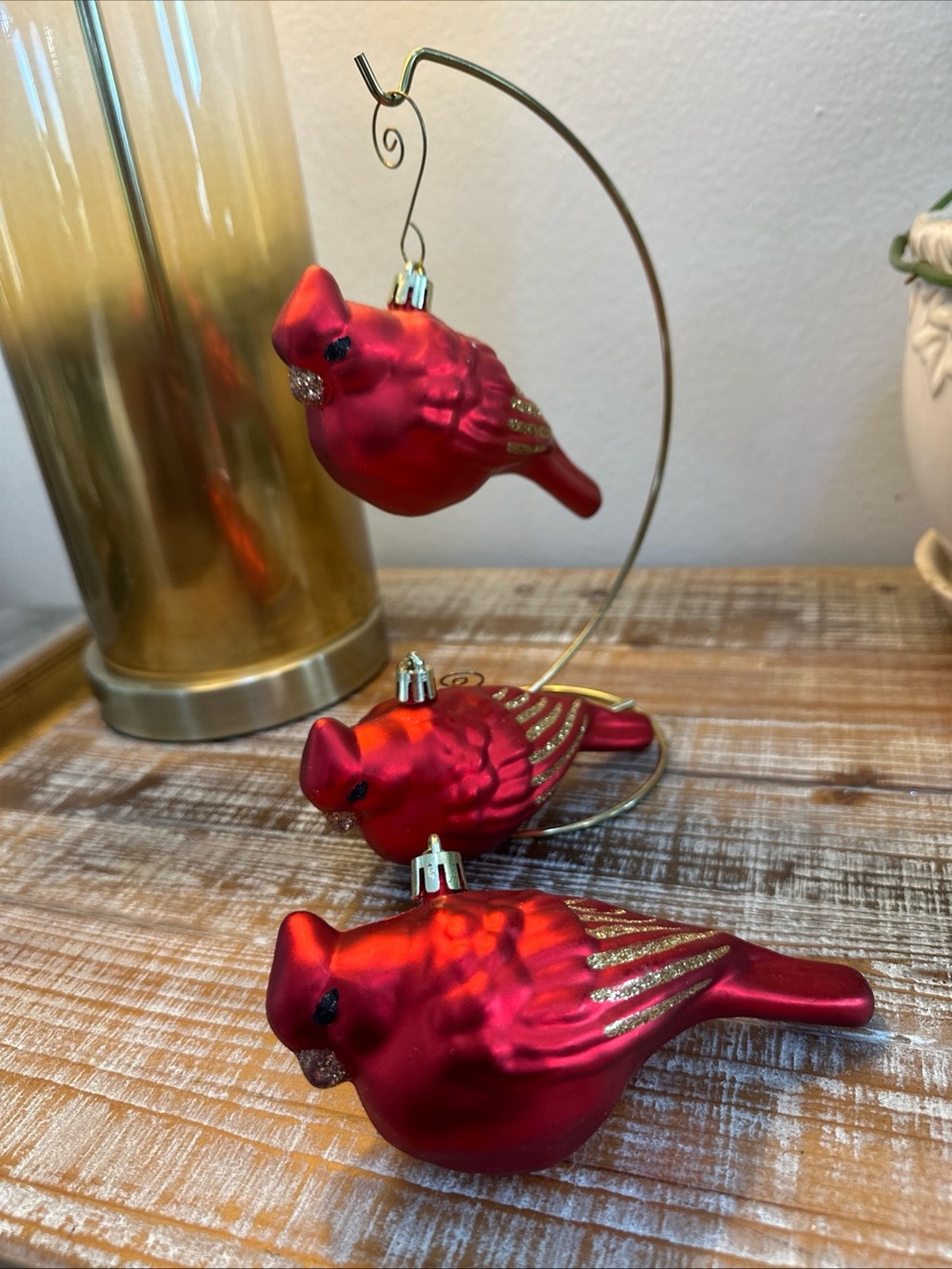 Hand Blown Glass Red Cardinal Bird Christmas Ornament Gold Glitter Wing Accents